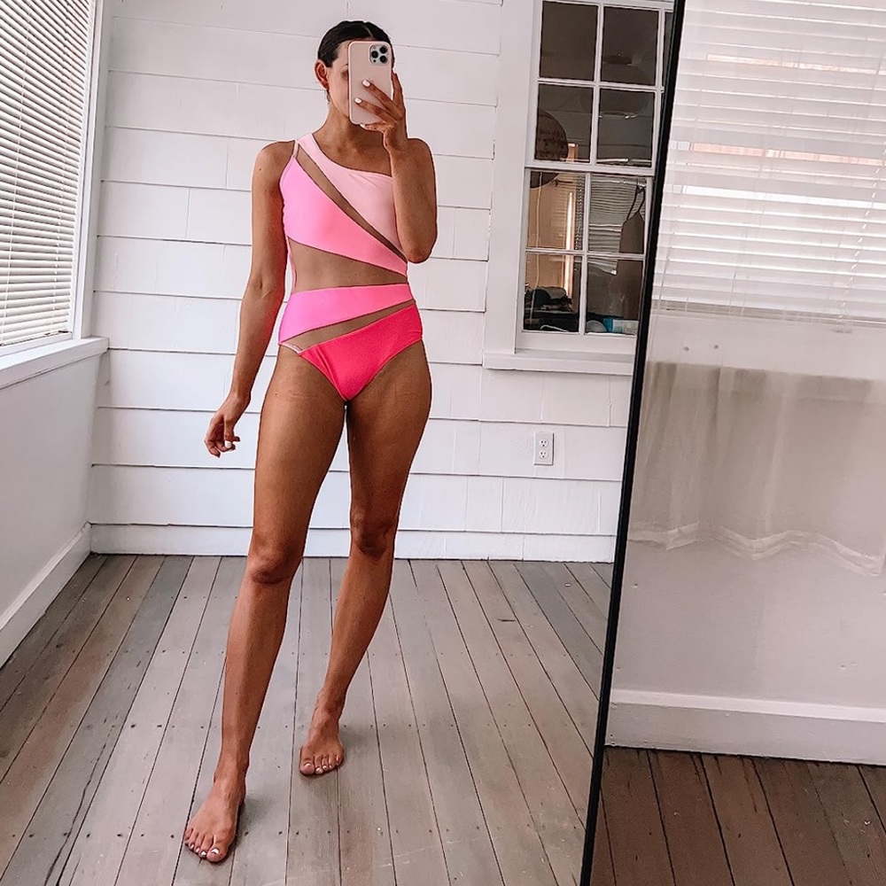 NEW Color Block One Shoulder Mesh Insert One Piece Swimsuit - Picture 1 of 11